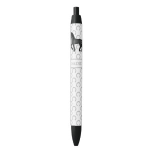 Black Cute Cartoon Trotting Horse & Name Black Ink Pen