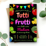 Black Cute Fruits Tutti Frutti Kids Birthday Party Invitation<br><div class="desc">Amaze your guests with this colourful kids birthday party invite featuring assorted fruits and vibrant typography against a black background. Simply add your event details on this easy-to-use template to make it a one-of-a-kind invitation. Flip the card over to reveal a colourful stripes pattern on the back of the card....</div>