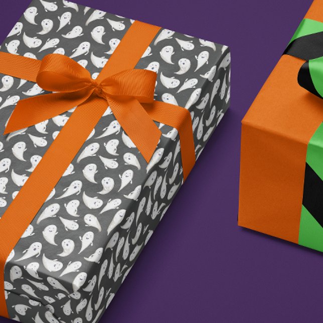 Black Cute Ghosts Halloween Wrapping Paper (cute friendly ghosts patterned charcoal gray black gift wrapping paper for Halloween)