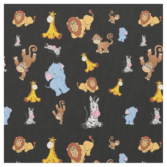 black Cute safari animal pattern - Giraffe, elepha Fabric (Close Up)