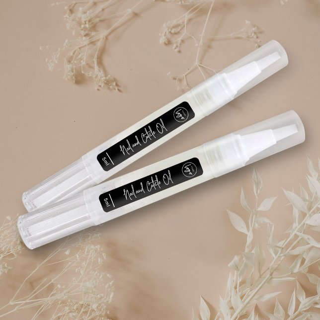 Black Cuticle Oil Pen Logo Cosmetic Product Label (Modern black and white cosmetics skinny rectangle labels with space for your logo)