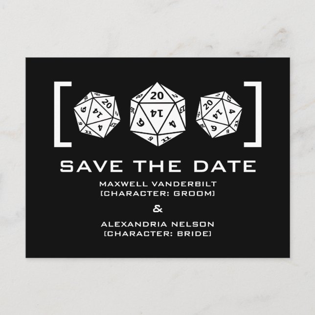 Black D20 Dice Gamer Save the Date Postcard (Front)