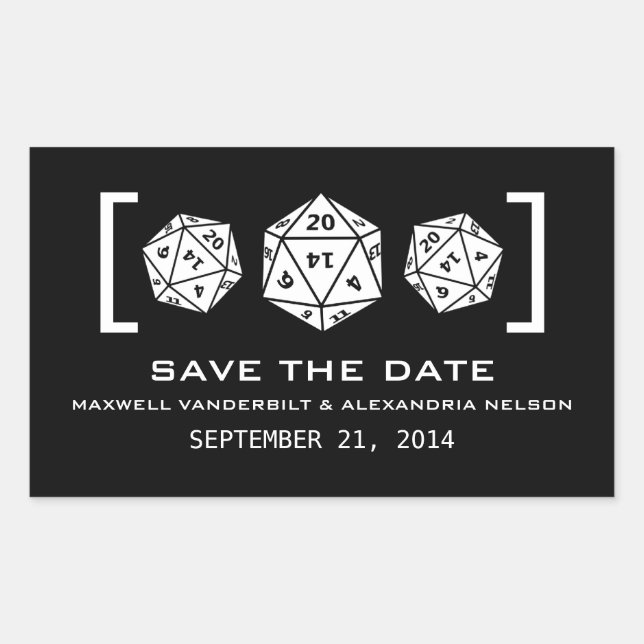 Black D20 Dice Gamer Save the Date Stickers (Front)
