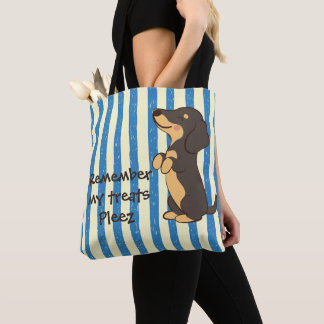 Black Dachshund Begging for Treats Blue Stipes Tote Bag