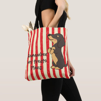 Black Dachshund Begging for Treats Red Stipes Tote Bag