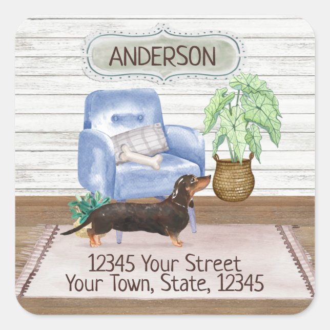 Black Dachshund Cozy New Home Address      Square Sticker (Front)
