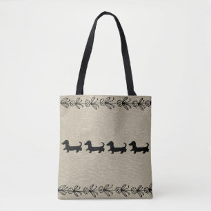 Black Dachshund Silhouette Vintage Floral Tote Bag