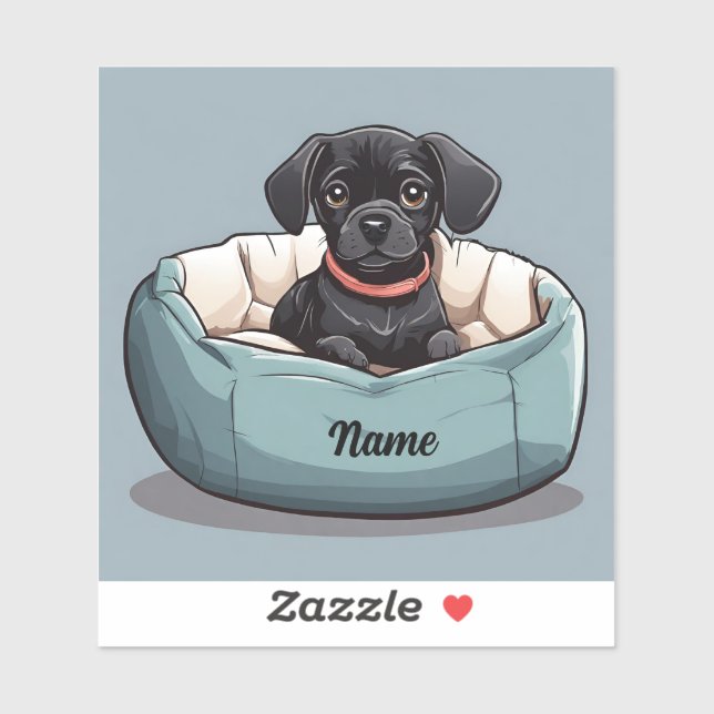 Black Dachshund Sitting in Dog Bed Customize Name (Sheet)
