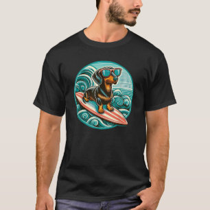 Black Dachshund Surfing Summer Vibes Ocean Beach S T-Shirt