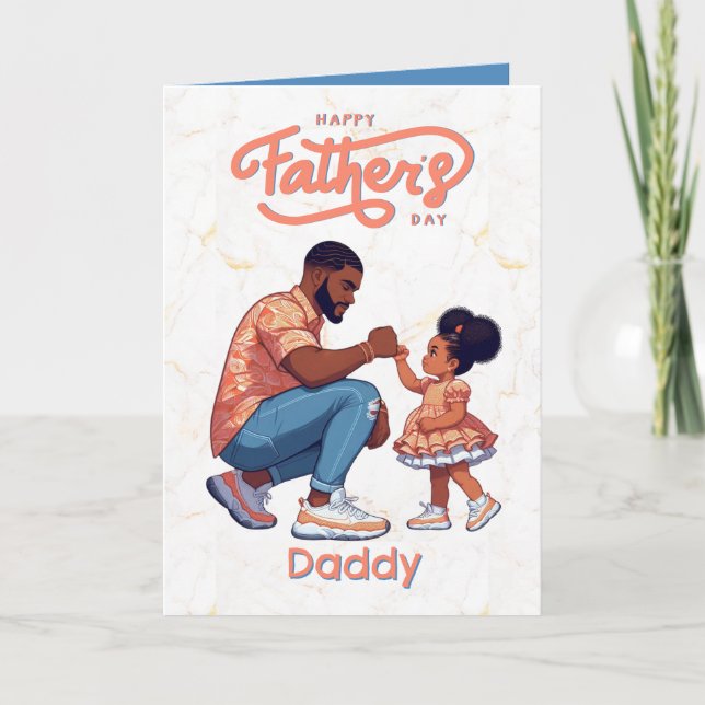 Black Dad and Daughter Fist Bump Orange & Blue Card (Front)