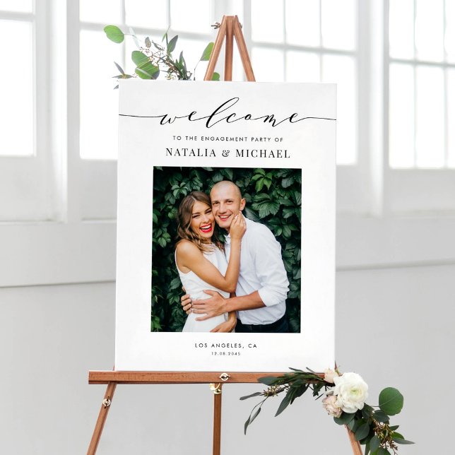 Black Dainty Script Engagement Party Photo Design Poster (Elegant photo welcome sign with black calligraphy and minimalist script for engagement parties. )