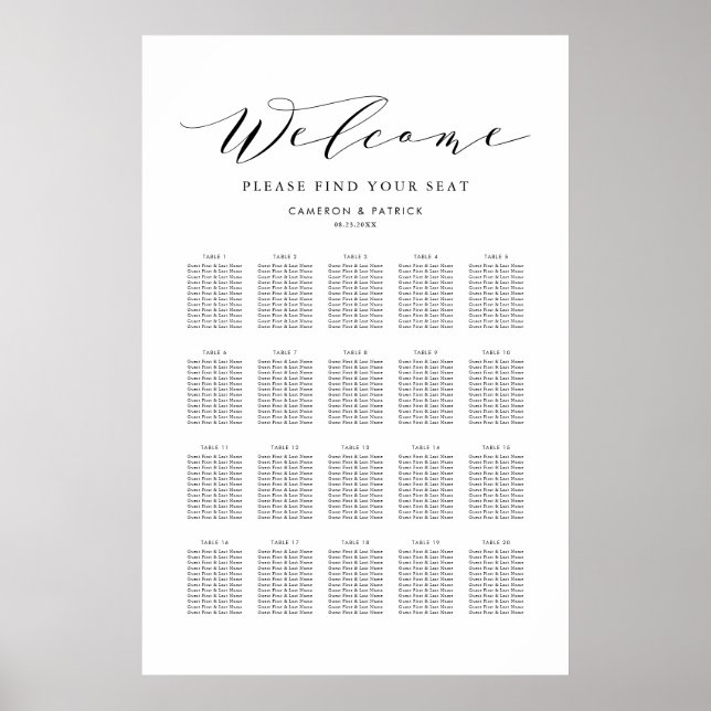 Black Dainty Script Wedding Seating Chart (Front)