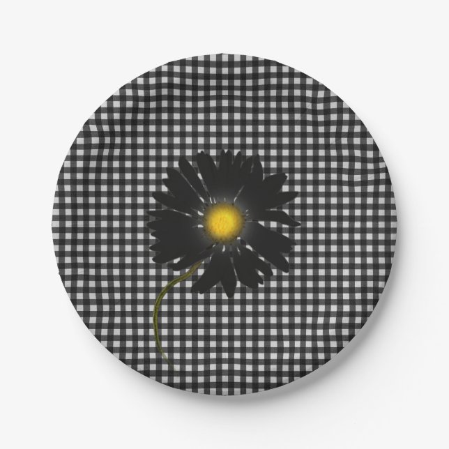 black daisy on gingham paper plate (Front)