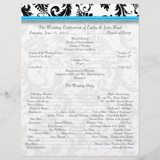 Black Damak Swirls Bright Aqua Wedding Program (Front)
