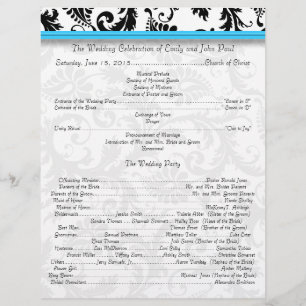 Black Damak Swirls Bright Aqua Wedding Program