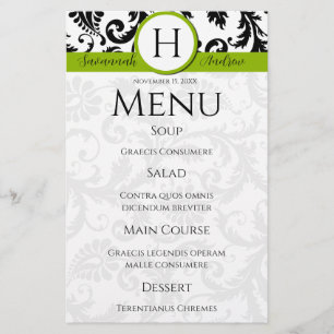 Black Damak Swirls Monogram Apple Green Menu