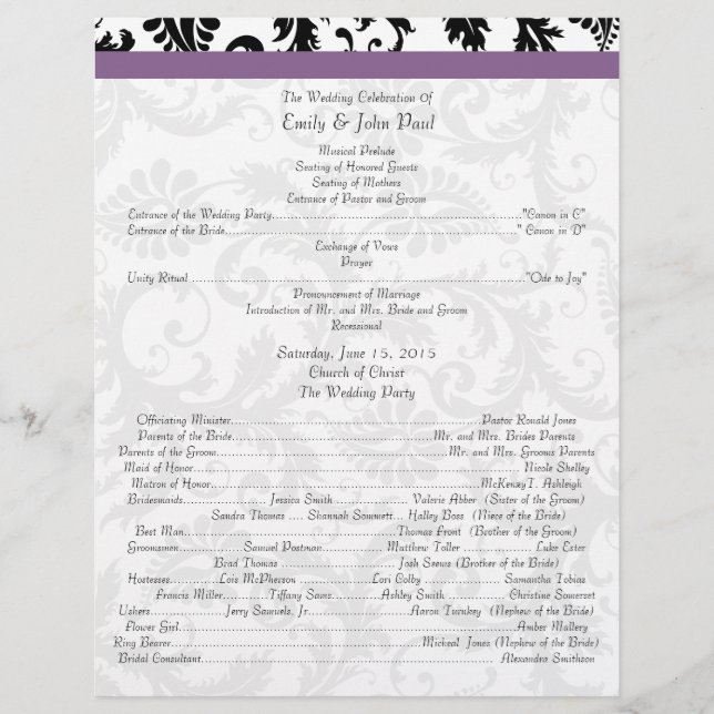 Black Damak Swirls Programme de mariage (Devant)