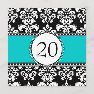 Black Damask 20th Birthday Invitations Aqua Blue