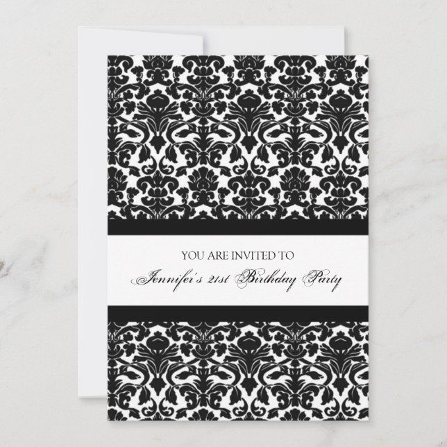 Black Damask 21st Birthday Party Invitations (Front)