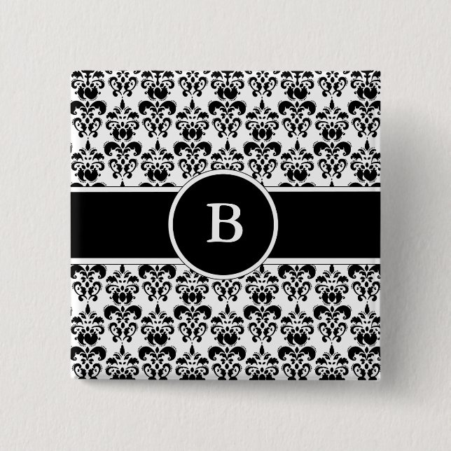 Black Damask 2 Inch Square Button (Front)