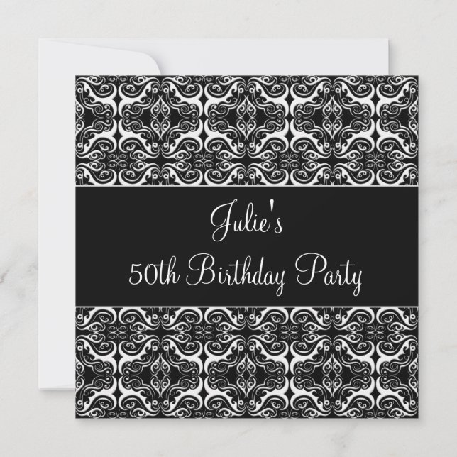 Black Damask 50th Birthday Party Invitation 50th (Devant)