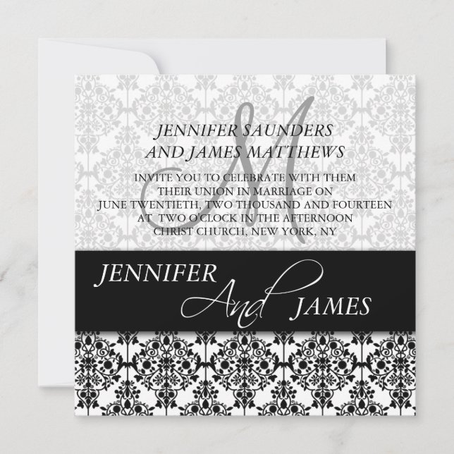 Black Damask 5 Monogram Name Wedding Invitations (Front)