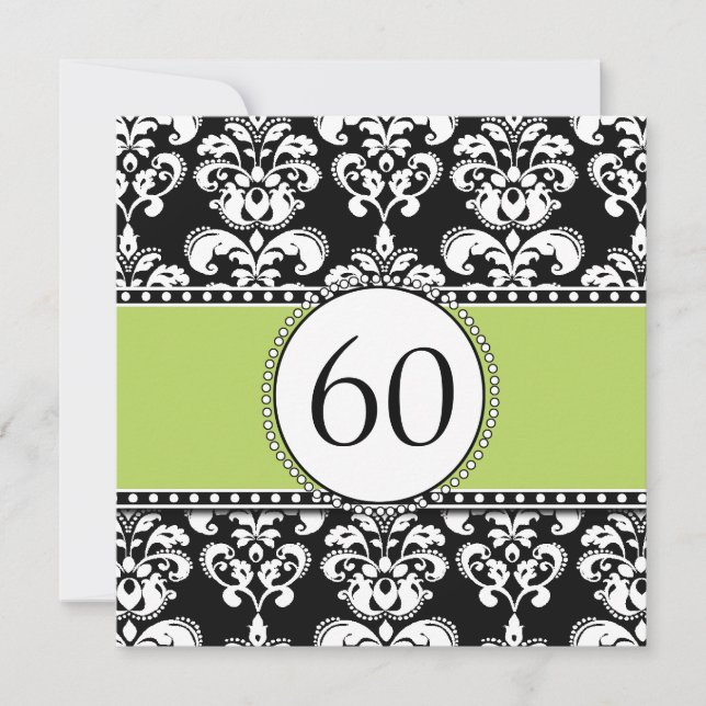 Black Damask 60th Birthday Invitation | Green (Front)