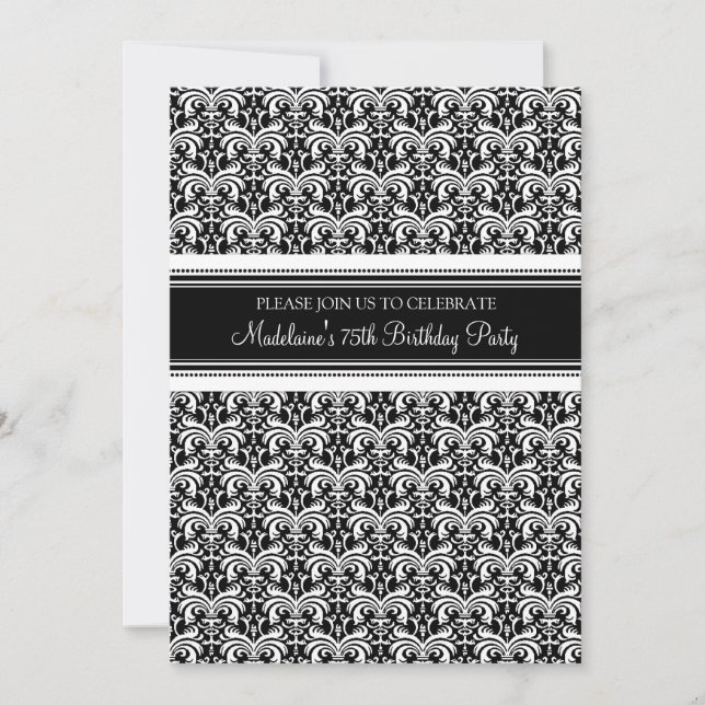 Black Damask 75th Birthday Party Invitations (Devant)