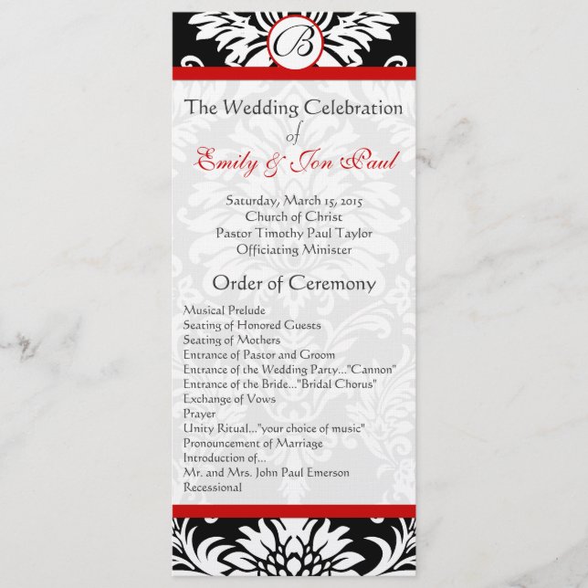 Black Damask 9x4 Red Trim Wedding Program (Front)