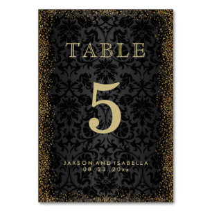 Black Damask and Gold Confetti Glitter -Table Card