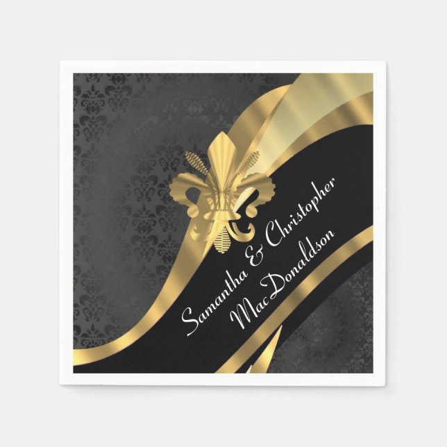 Black damask and gold fleur de lys napkin (Front)