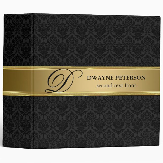 Black Damask And Gold Stripe 3 Ring Binder (Front/Spine)