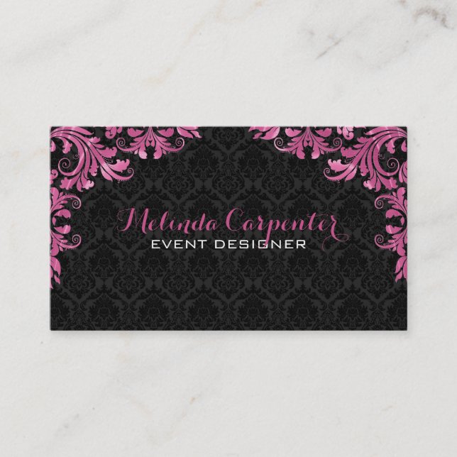 Black Damask And Maroon Red Floral Lace Business Card (Front)