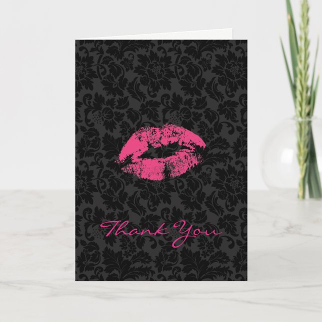 Black Damask And Pink Lips- Thank You Card (Front)