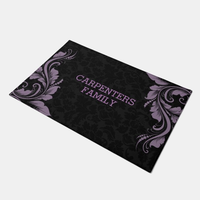 Black Damask And Purple Floral Lace Doormat (Angled)