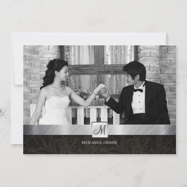 Black Damask and Silver Modern Rehearsal Dinner Invitation (Front)