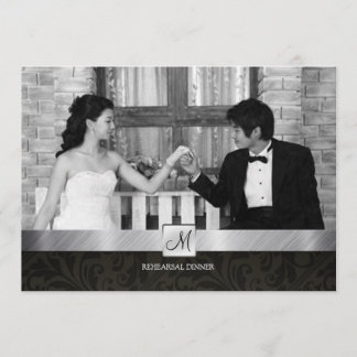 Black Damask and Silver Modern Rehearsal Dinner Invitation