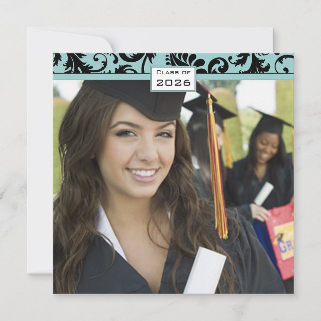 Black Damask Aqua Blue Graduation Invitation (Front)