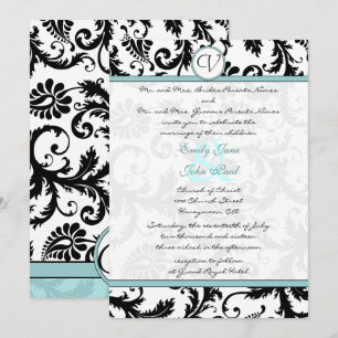 Black Damask Aqua Blue Wedding Invitation