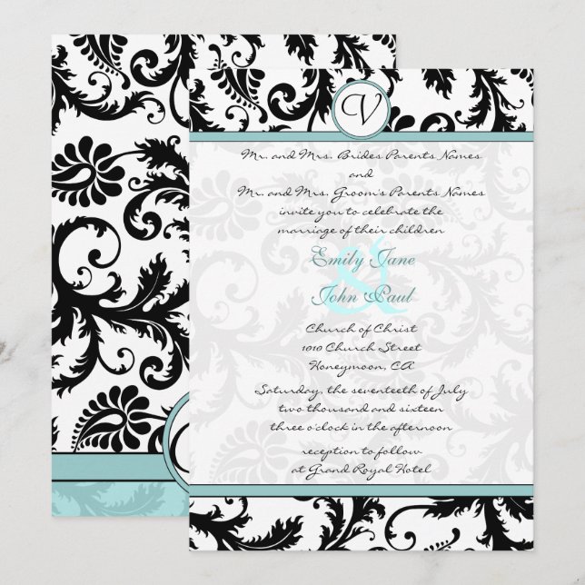 Black Damask Aqua Blue Wedding Invitation (Front/Back)
