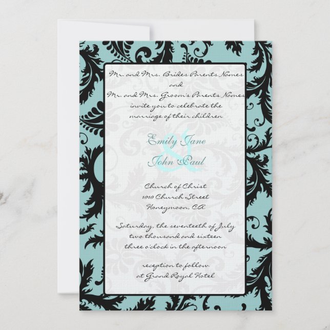 Black Damask Aqua Blue Wedding Invitation (Front)