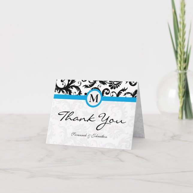 Black Damask Aqua Borders Thank You Card (Front)