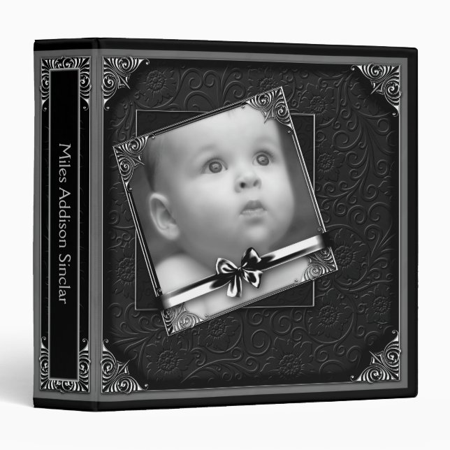 Black Damask Baby Photo Album Binder (Front/Spine)