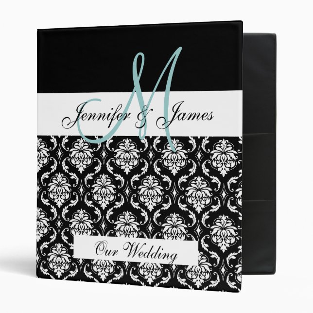 Black Damask Blue Monogram Wedding Planner Binder (Front/Inside)
