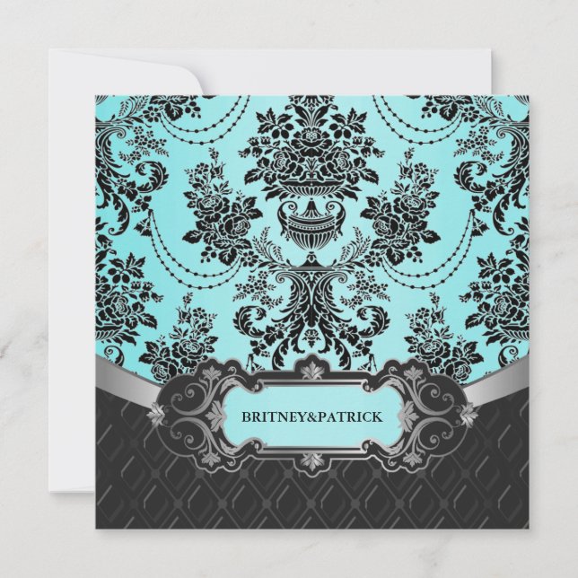 Black Damask Blue Wedding Invitations (Front)