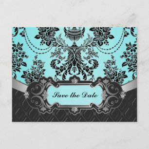 Black Damask Blue Wedding Save the Dates Announcement Postcard