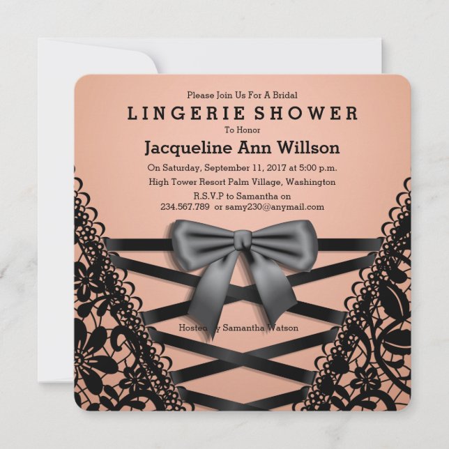 Black Damask Corset Lingerie Shower Announcement (Front)