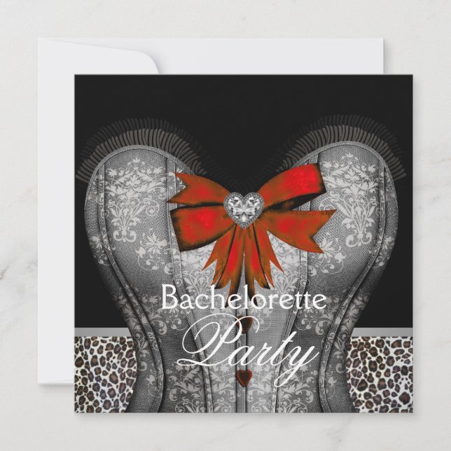 Black Damask Corset Red Leopard Bachelorette Party Invitation (Front)