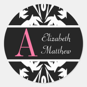 Black Damask Customize Last and First Name Sticker