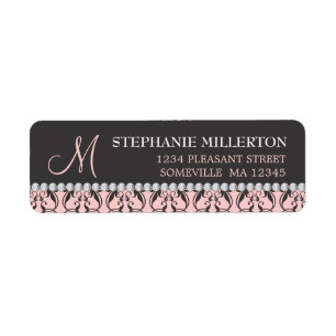 Black Damask & Diamonds Monogram Address Label
